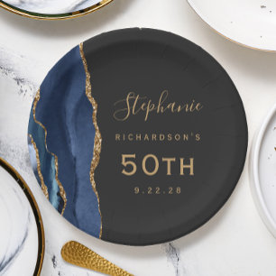 Navy Blue Achat-Marmor Gold Dunkel 50. Geburtstag Pappteller