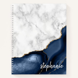 Navy Blue Achat-Marmor Gold Monogramm Notizbuch