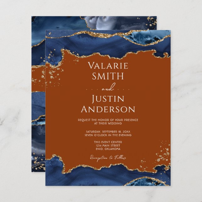 Navy Blue Agate Burnt Orange Wedding Einladung (Vorne/Hinten)