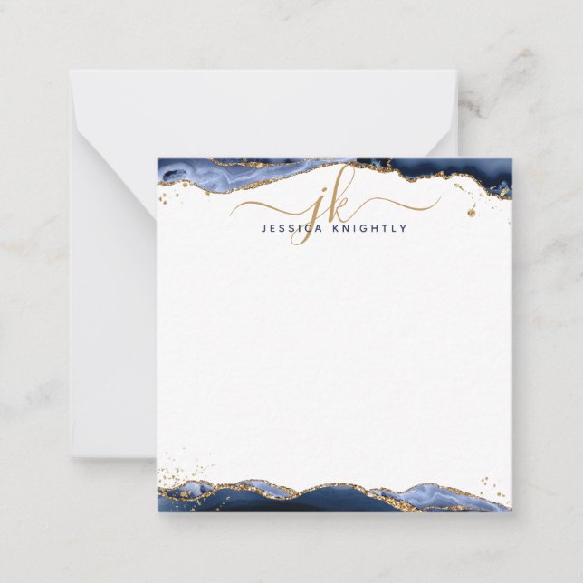 Navy Blue Agate Geode Gold Glitzer Script Monogram Mitteilungskarte (Vorderseite)