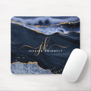 Navy Blue Agate Geode Gold Glitzer Script Monogram Mousepad