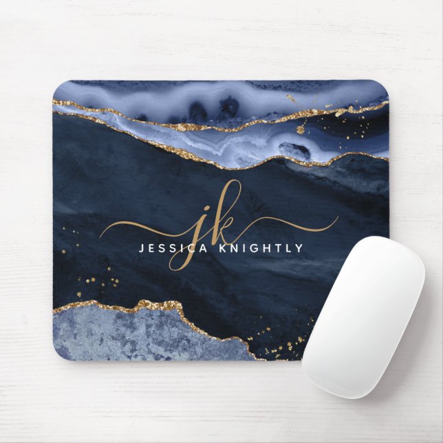 Navy Blue Agate Geode Gold Glitzer Script Monogram Mousepad (Mit Mouse)
