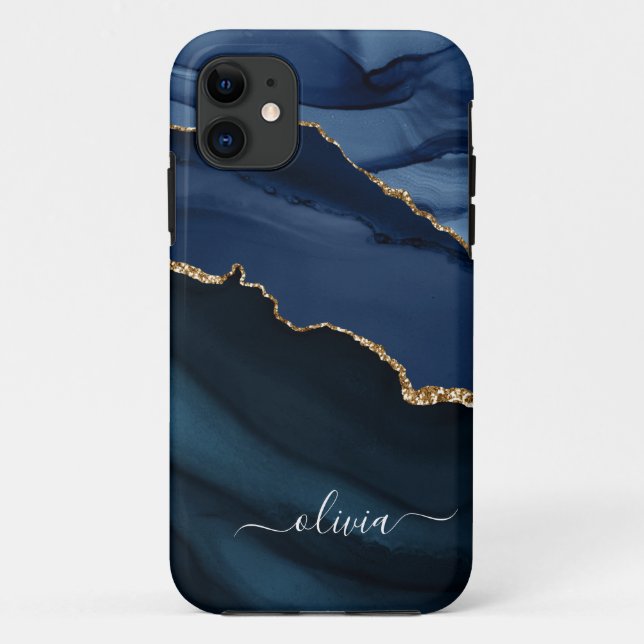 Navy Blue Agate Geode Gold Monogram Case-Mate iPhone Hülle (Rückseite)