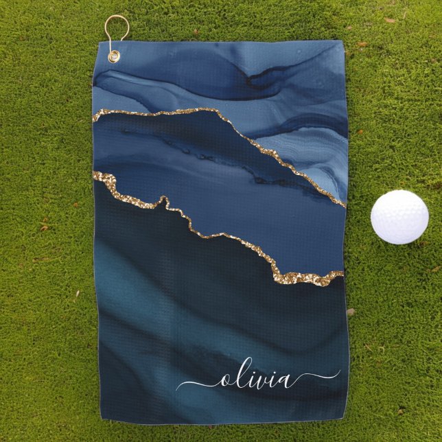 Navy Blue Agate Geode Gold Monogram Golfhandtuch (Von Creator hochgeladen)