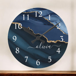 Navy Blue Agate Geode Gold Monogram Large Clock Runde Wanduhr
