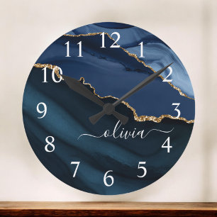 Navy Blue Agate Geode Gold Monogram Large Clock Runde Wanduhr