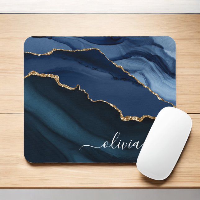 Navy Blue Agate Geode Gold Monogram Mousepad (Von Creator hochgeladen)