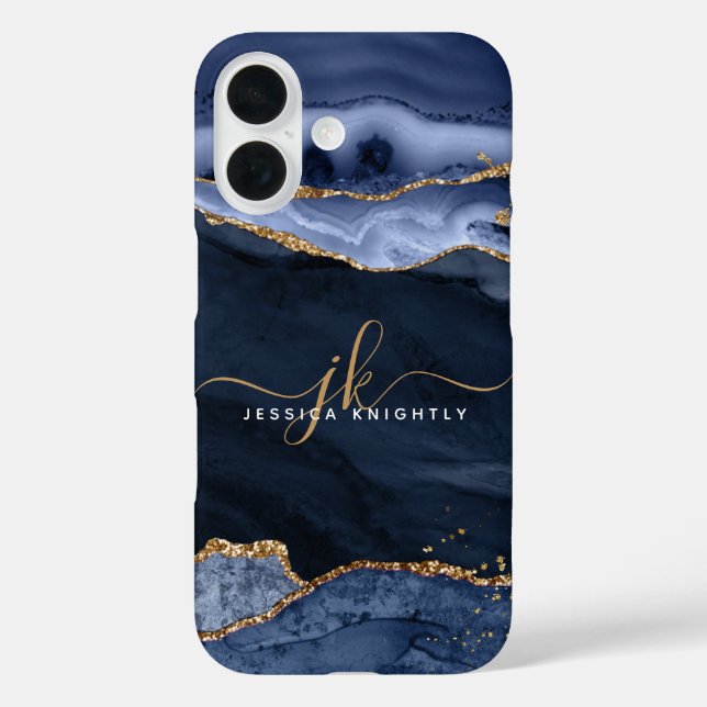 Navy Blue Agate Geode Gold Script Monogram Case-Mate iPhone Hülle (Rückseite)