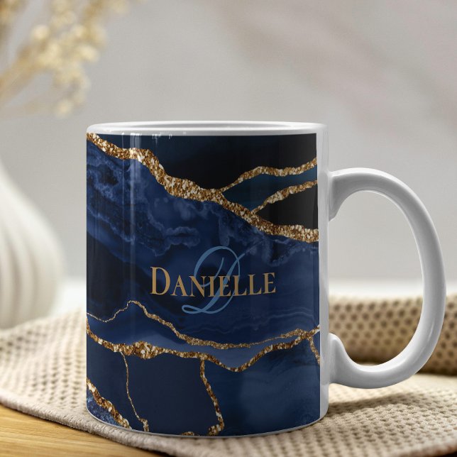 Navy Blue Agate Geode Monogram Modern Kaffeetasse (Von Creator hochgeladen)