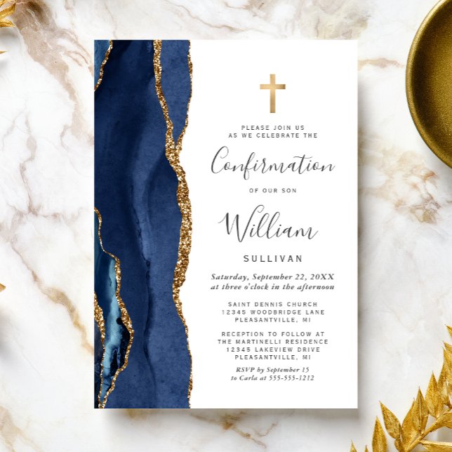 Navy Blue Agate Gold Glitter Confirmation Einladung (Von Creator hochgeladen)
