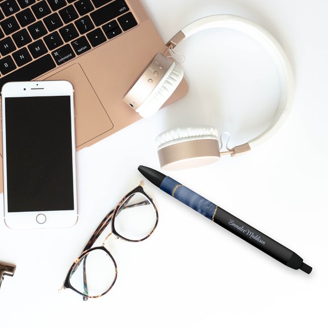 Navy Blue Agate Gold Marble Mit Monogramm Kugelschreiber (Von Creator hochgeladen)