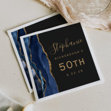 Navy Blue Agate Gold Script Dark 50. Geburtstag
