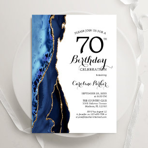 Navy Blue Agate Gold White 70. Geburtstag Einladung