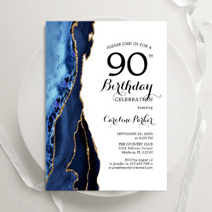 Navy Blue Agate Gold White 90. Geburtstag Einladung
