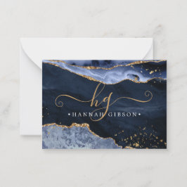 Navy Blue Agate Monogram Extravagant Script Gold G Mitteilungskarte