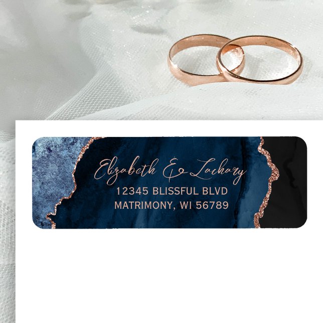 Navy Blue Agate Rose Gold Wedding Return Address (Von Creator hochgeladen)