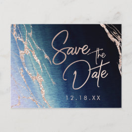 Navy Blue Agate Rose Gold Wedding Save the Date Ankündigungspostkarte