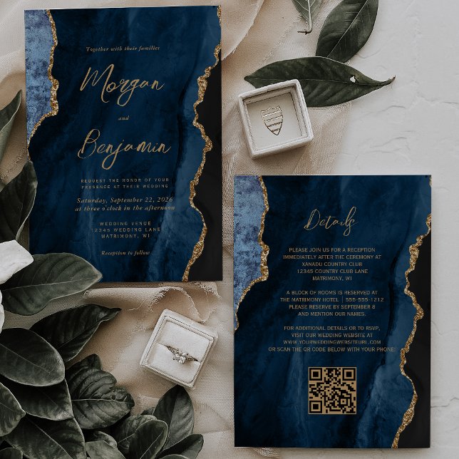 Navy Blue Agate Script QR Code Wedite Einladung (Von Creator hochgeladen)