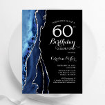 Navy Blue Agate Silver Black 60. Geburtstag Einladung<br><div class="desc">Navy blau,  schwarz und silber agate 60. Geburtstag Einladung. Elegantes modernes Design mit königsblauen Aquarellfarben,  marmorgeode Hintergrund,  Imitats Glitzer Gold und Typografie Drehbuch Schriftart. Die trendige Einladungskarte eignet sich perfekt für eine stilvolle Damenfeier. Gedruckte Zazzle-Einladungen oder Sofortdownload digitaler Druckvorlage.</div>