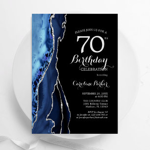 Navy Blue Agate Silver Black 70. Geburtstag Einladung