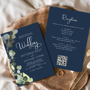 Navy Blue All in One Eucalyptus QR Code Wedding Einladung