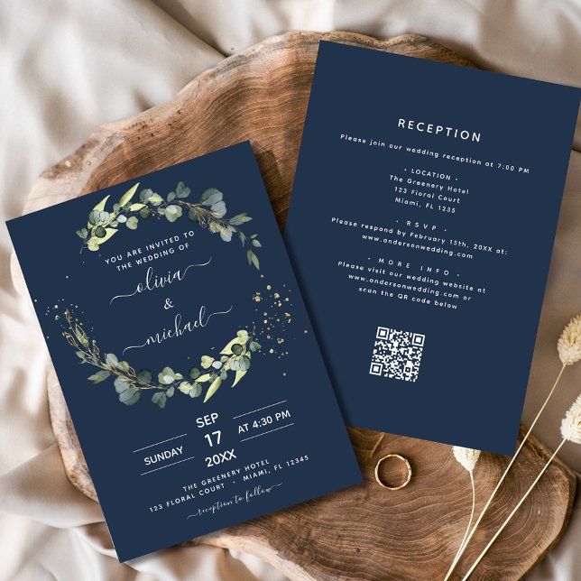 Navy Blue All in One Eucalyptus QR Code Wedding Einladung (Von Creator hochgeladen)