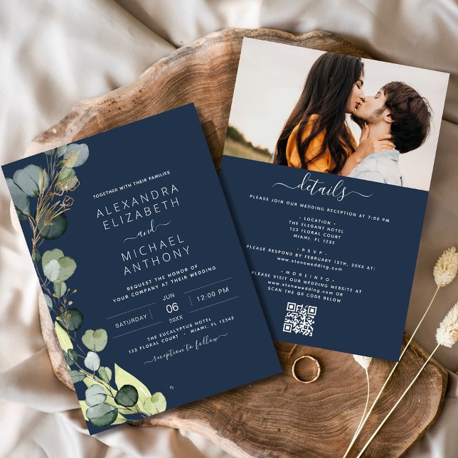 Navy Blue All in One Eucalyptus QR Code Wedding Einladung (Von Creator hochgeladen)