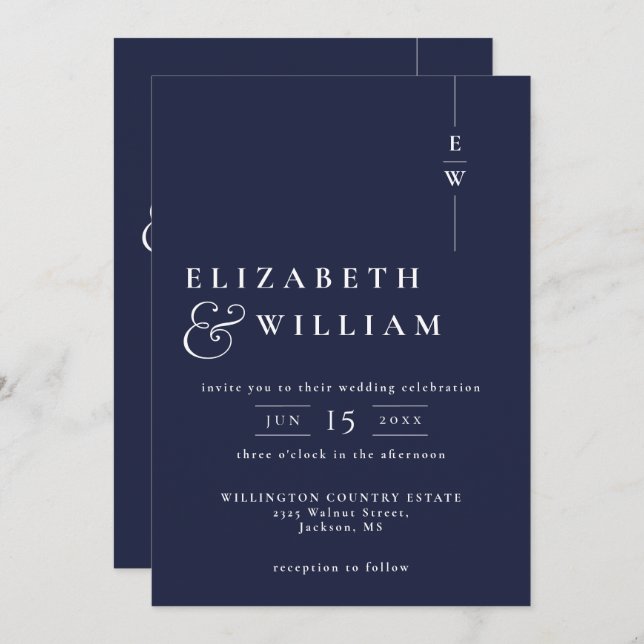 Navy Blue All in one Modern Monogram Wedding Einladung (Vorne/Hinten)