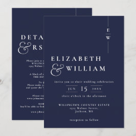 Navy Blue All in one Modern Monogram Wedding Einladung