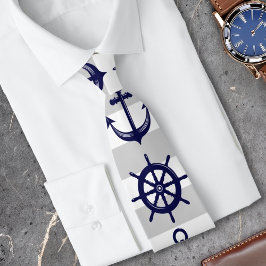 Navy Blue Anchor and Boat Wheel Nautical Krawatte