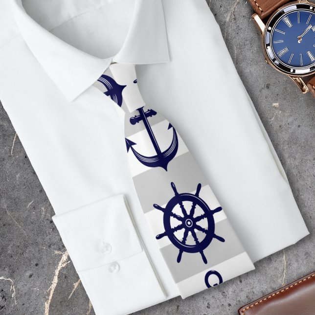 Navy Blue Anchor and Boat Wheel Nautical Krawatte (Von Creator hochgeladen)