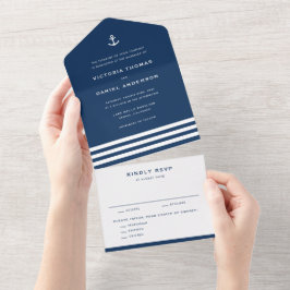 Navy Blue Anchor and Stripes Nautical Wedding All In One Einladung