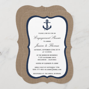 Navy Blue Anchor auf Burlap-Verlobung Einladung