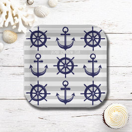 Navy Blue Anchor Boat Wheel grau gestreift nautisc Pappteller