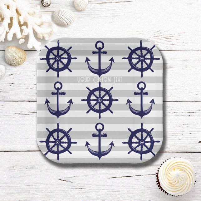 Navy Blue Anchor Boat Wheel grau gestreift nautisc Pappteller (Von Creator hochgeladen)