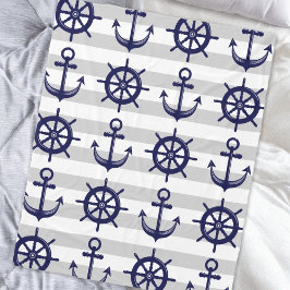 Navy Blue Anchor Boat Wheel Gray Stripe Nautical Fleecedecke
