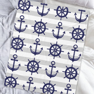 Navy Blue Anchor Boat Wheel Gray Stripe Nautical Fleecedecke