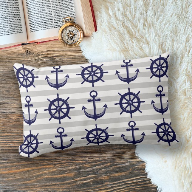 Navy Blue Anchor Boat Wheel Gray Stripe Nautical Lendenkissen (Von Creator hochgeladen)