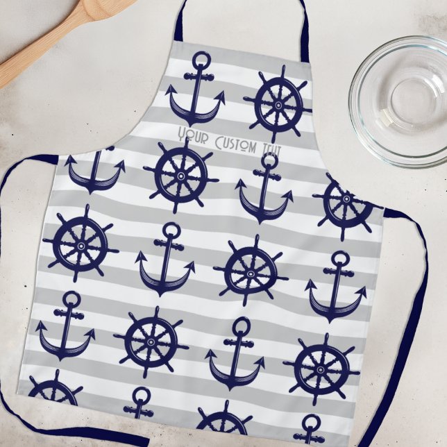 Navy Blue Anchor Boat Wheel Gray Stripe Nautical Schürze (Von Creator hochgeladen)