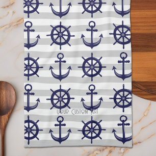Navy Blue Anchor Boat Wheel Striped Nautical Geschirrtuch