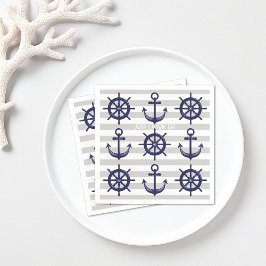 Navy Blue Anchor Boat Wheel Striping Nautical Pape Serviette