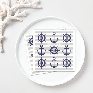Navy Blue Anchor Boat Wheel Striping Nautical Pape Serviette