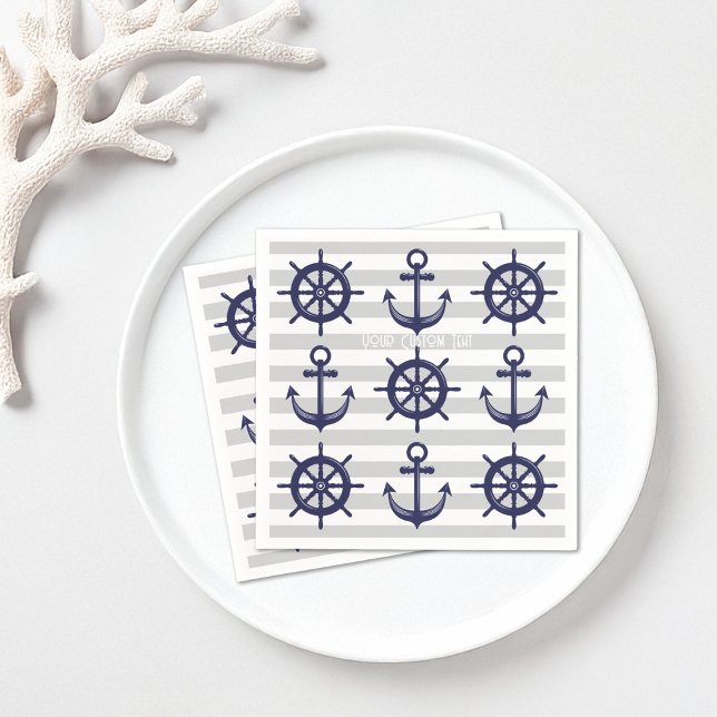 Navy Blue Anchor Boat Wheel Striping Nautical Pape Serviette (Von Creator hochgeladen)