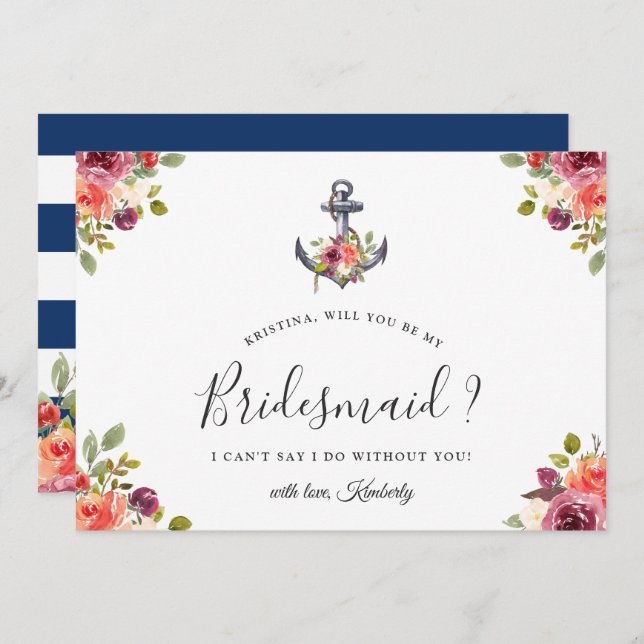 Navy Blue Anchor Floral werden Sie meine Bridesmäd Einladung (Vorne/Hinten)