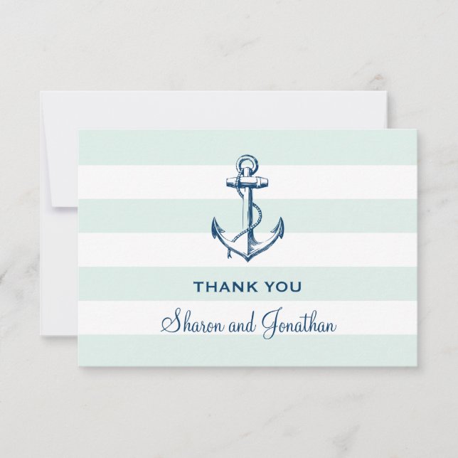 Navy Blue Anchor & Mint Stripes Nautical Wedding Dankeskarte (Vorderseite)