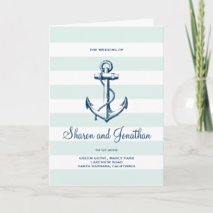 Navy Blue Anchor & Mint Stripes Nautical Wedding Programm