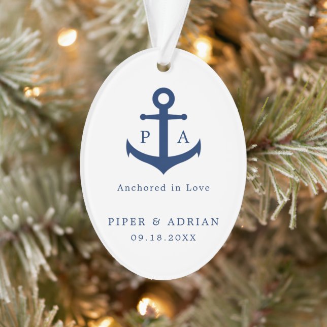 Navy Blue Anchor Monogram Nautical Newlywed Ornament (Baum)