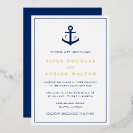 Navy Blue Anchor Monogram Nautical Wedding Gold Folieneinladung