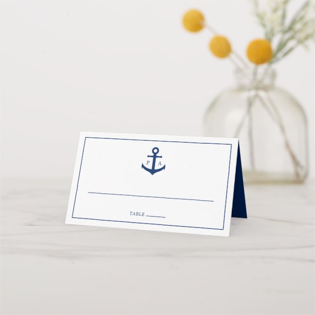 Navy Blue Anchor Monogram Nautical Wedding Platzkarte (Vorderseite)