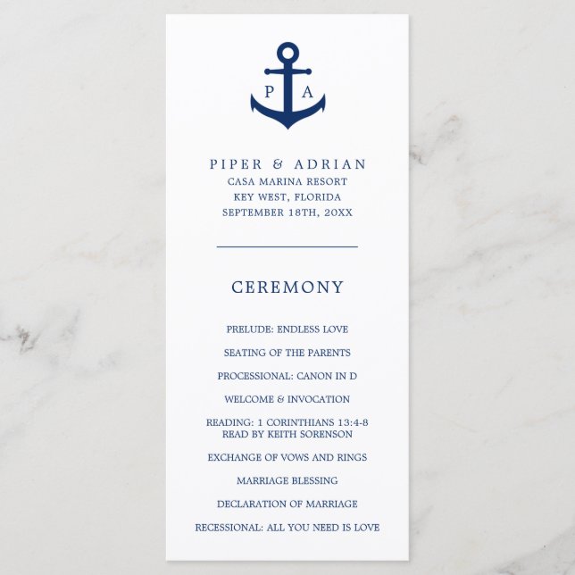 Navy Blue Anchor Monogram Nautical Wedding Programm (Vorderseite)